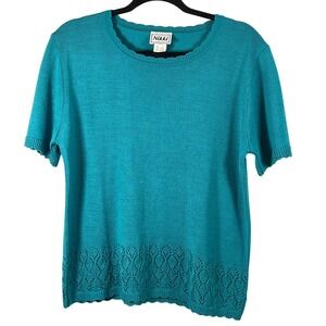 Nikki Women's Teal Blue Knit Short Sleeve‎ Sweater Top Cottagecore Retro Medium